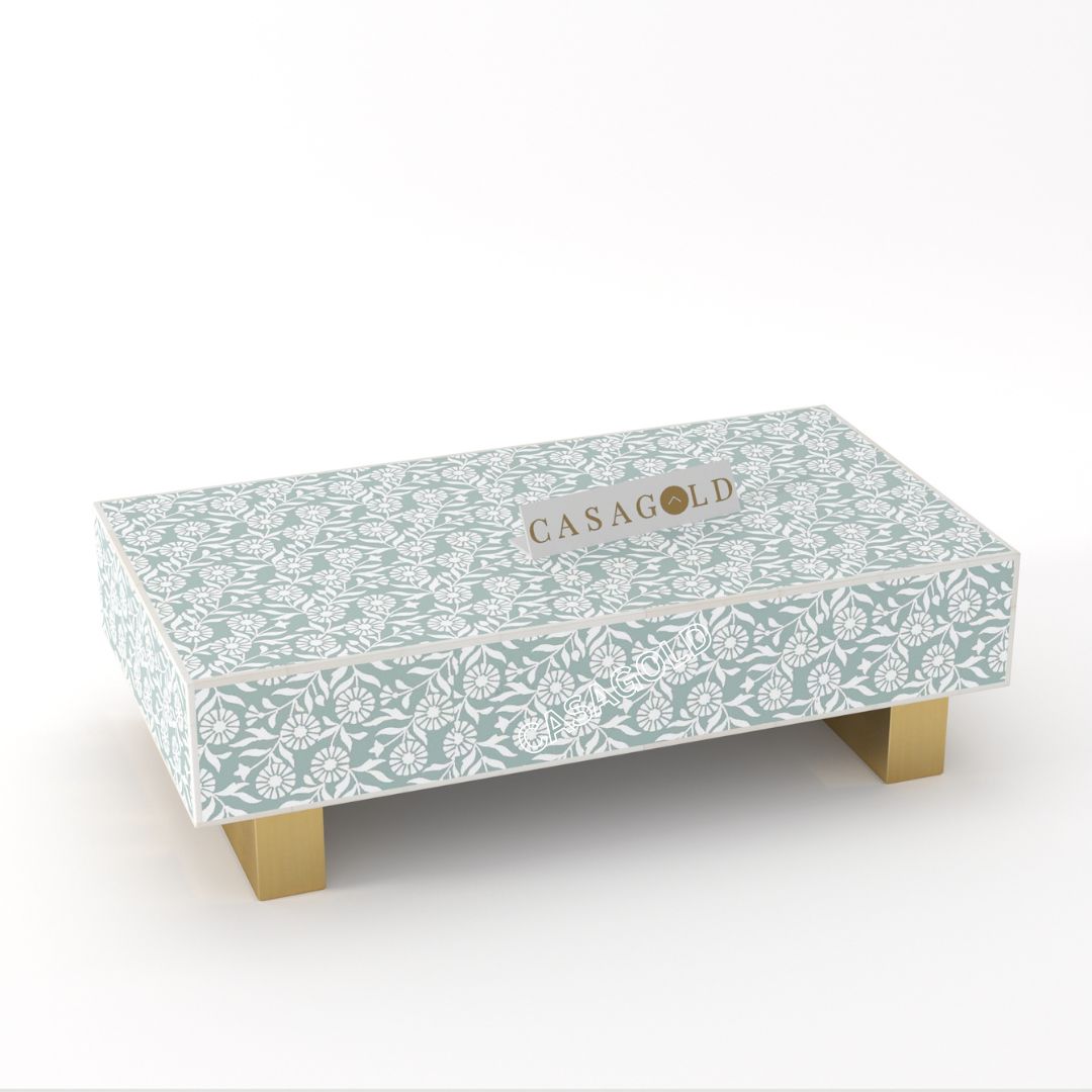 "Luxurious rectangular bone inlay coffee table for premium interiors"
