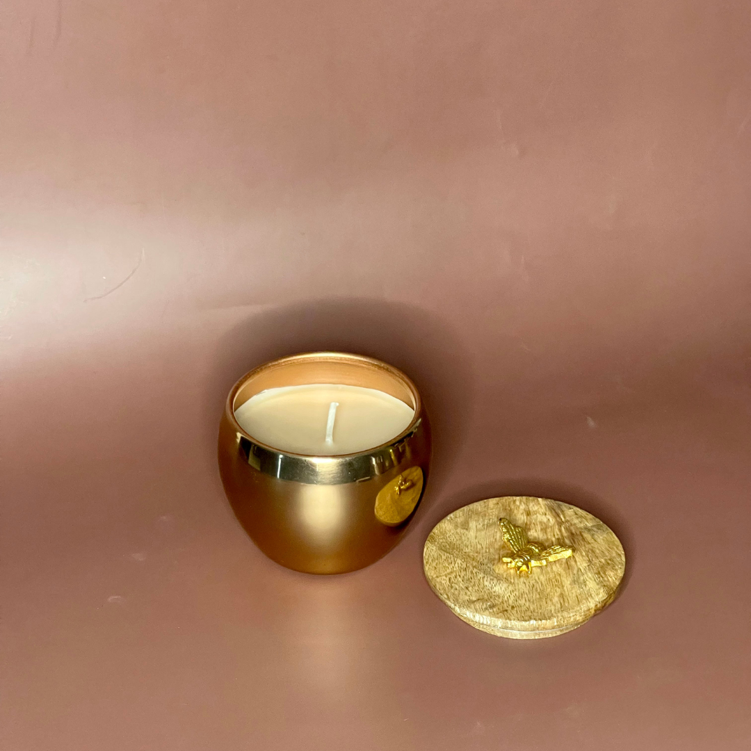 Luxury wax candle glowing softly in a room
