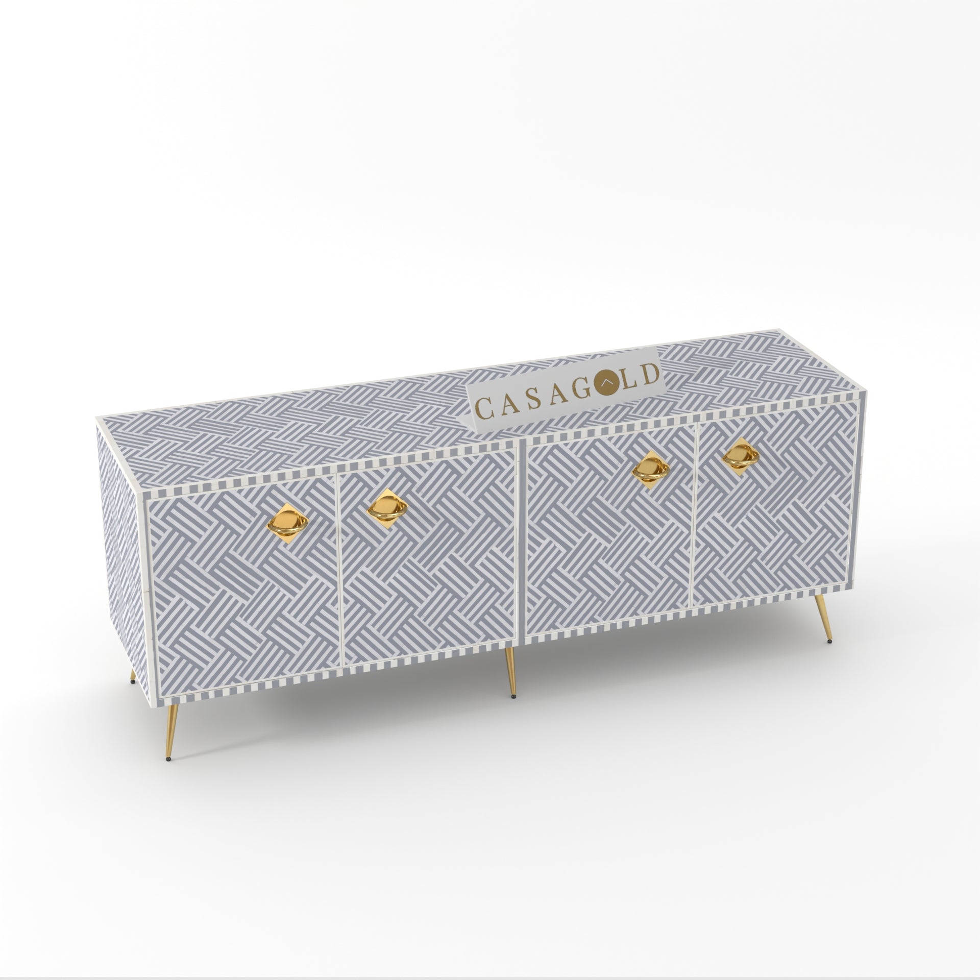 Minimalist chevron inlay media console
