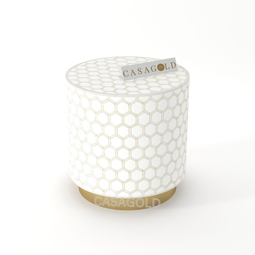 "Minimalist drum inlay side table with simple and sleek design"
