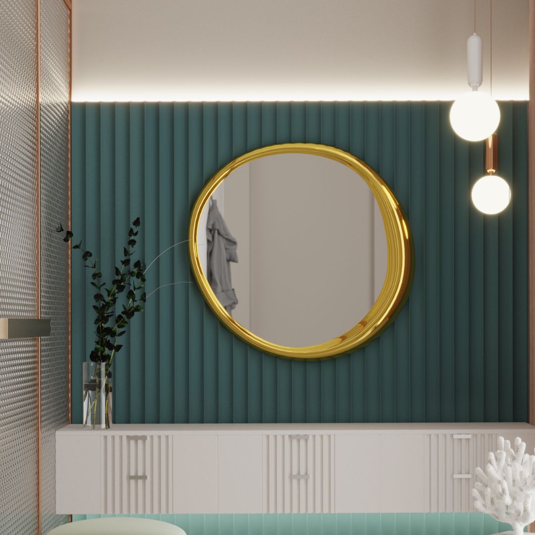 Minimalist moon gold Steel glass mirror for chic interiors. makeup vanity with mirror on the wall door mirror