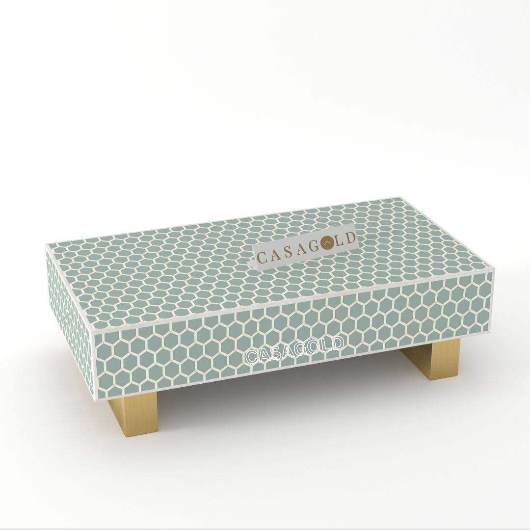 "Minimalist rectangular coffee table with subtle bone inlay patterns"
