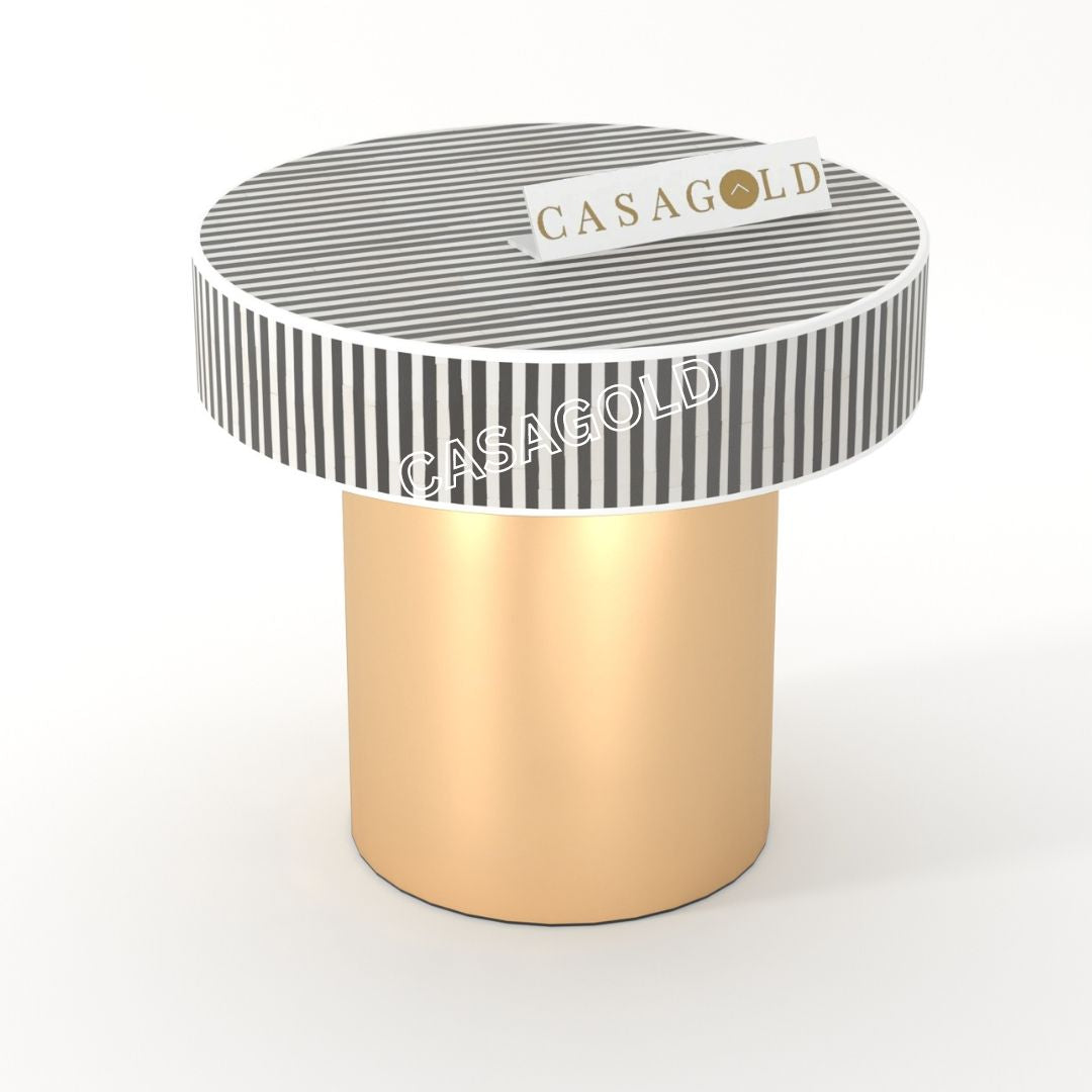 "Minimalist round bone inlay bedside table featuring subtle and refined patterns"
