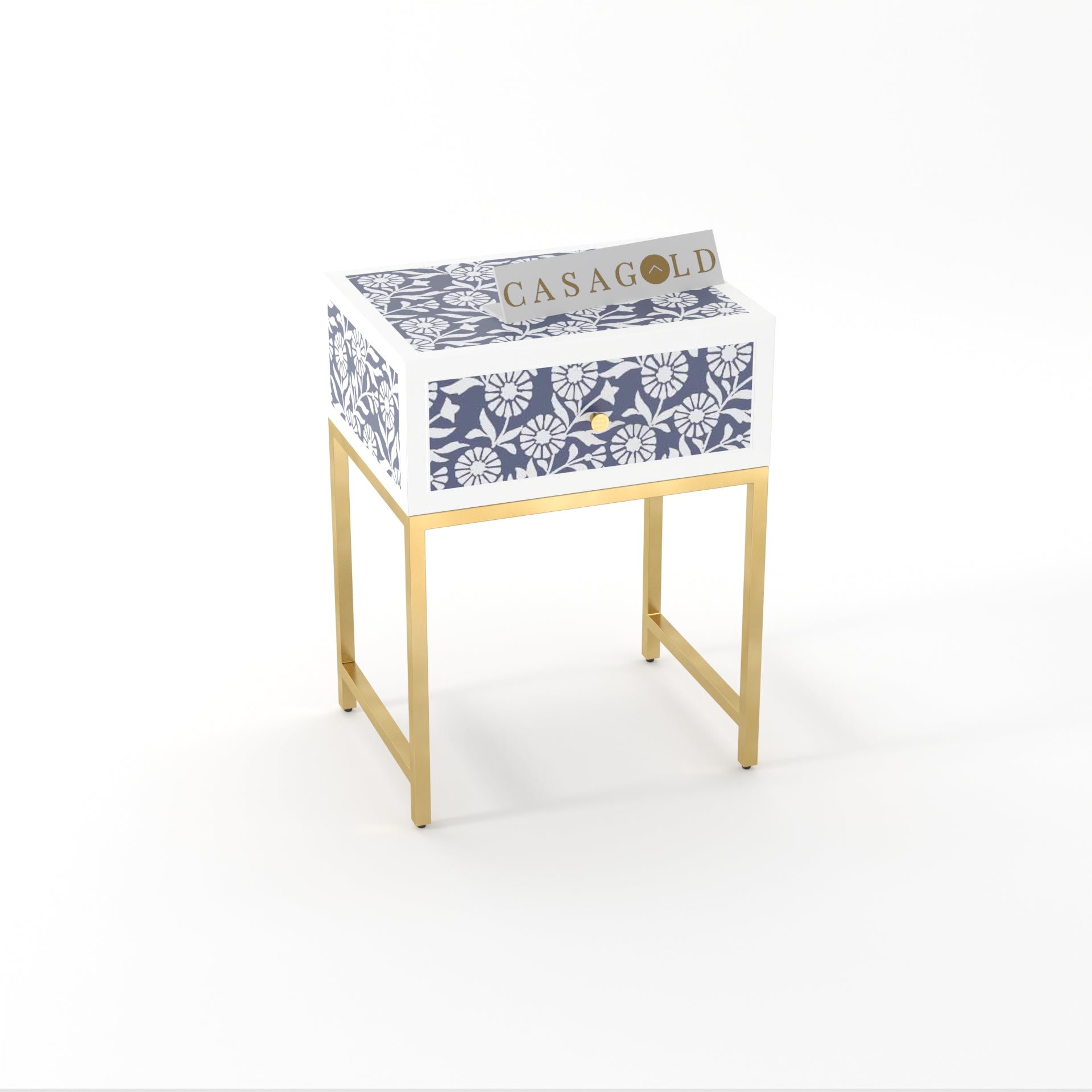 "Minimalist round inlay bedside table featuring a clean gold base for stability"
