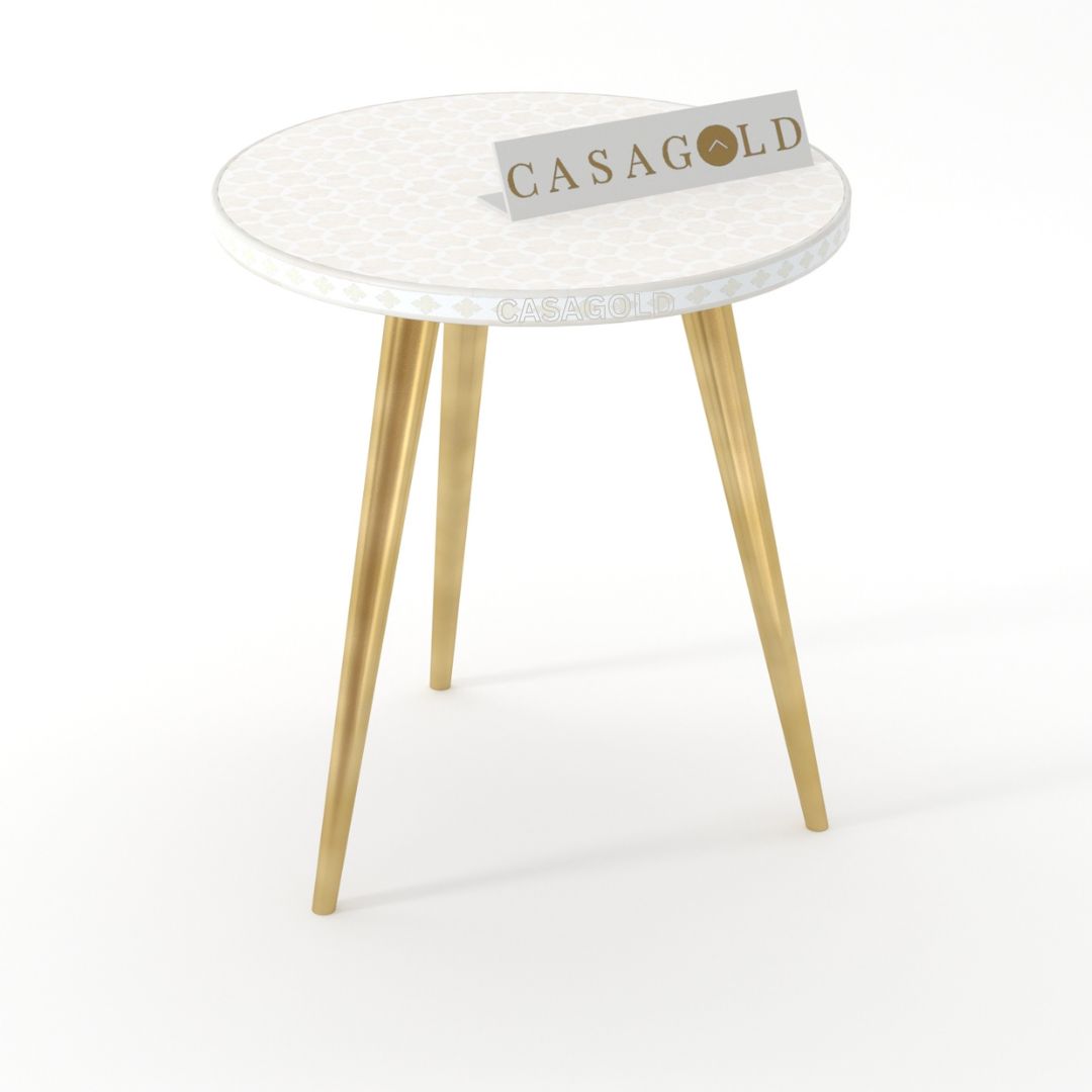 "Minimalist white inlay round side table with a sleek 3-leg structure"
