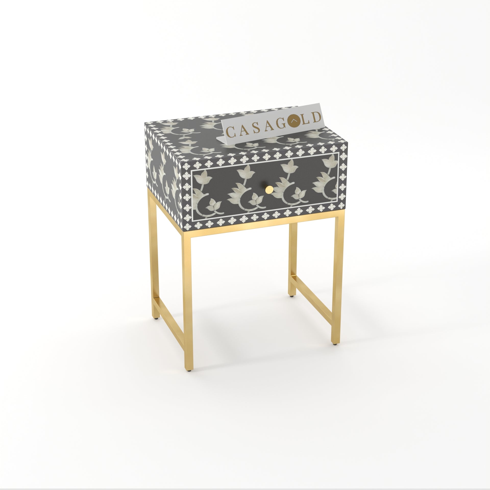 Modern Round Bone Inlay Table with Gold Frame	