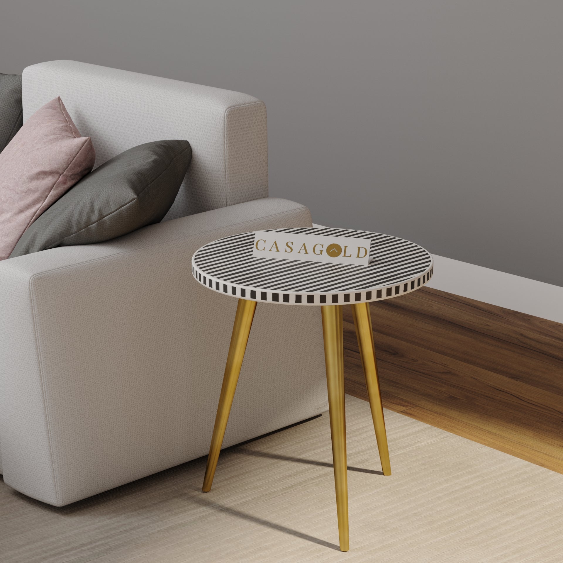 "Modern black bone inlay round side table with a sleek 3-leg build"

