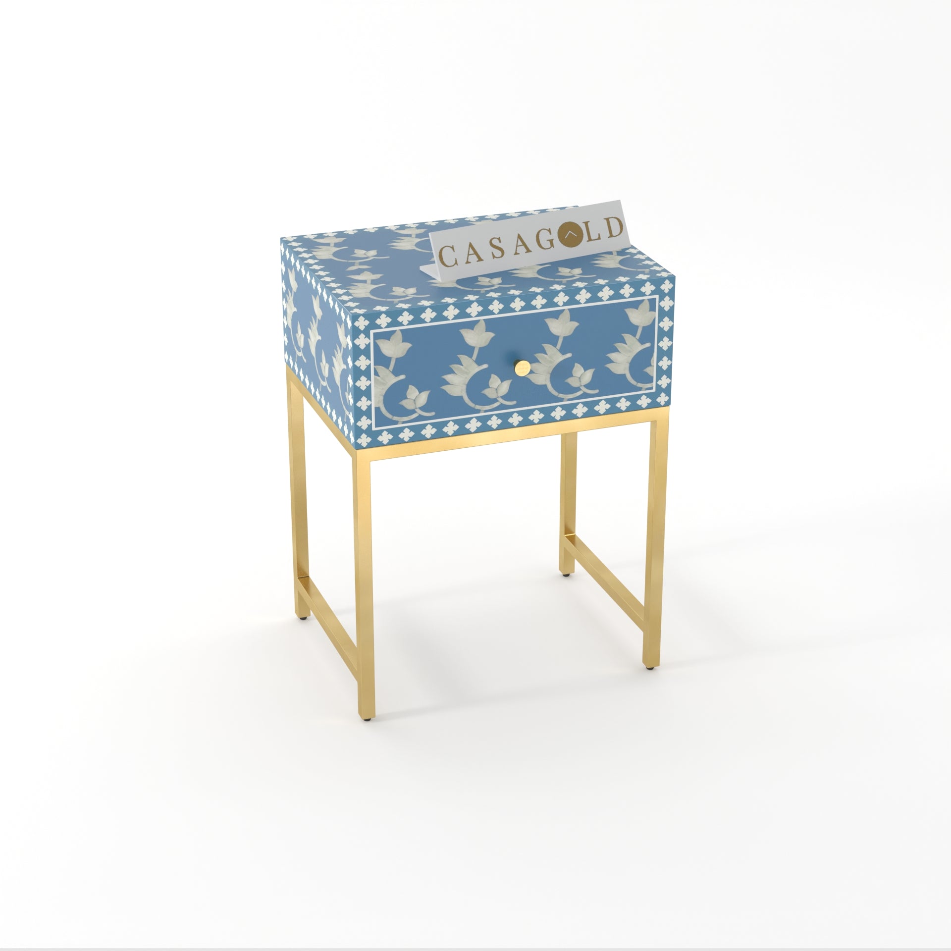 "Modern round bone inlay bedside table supported by a sleek gold frame"
