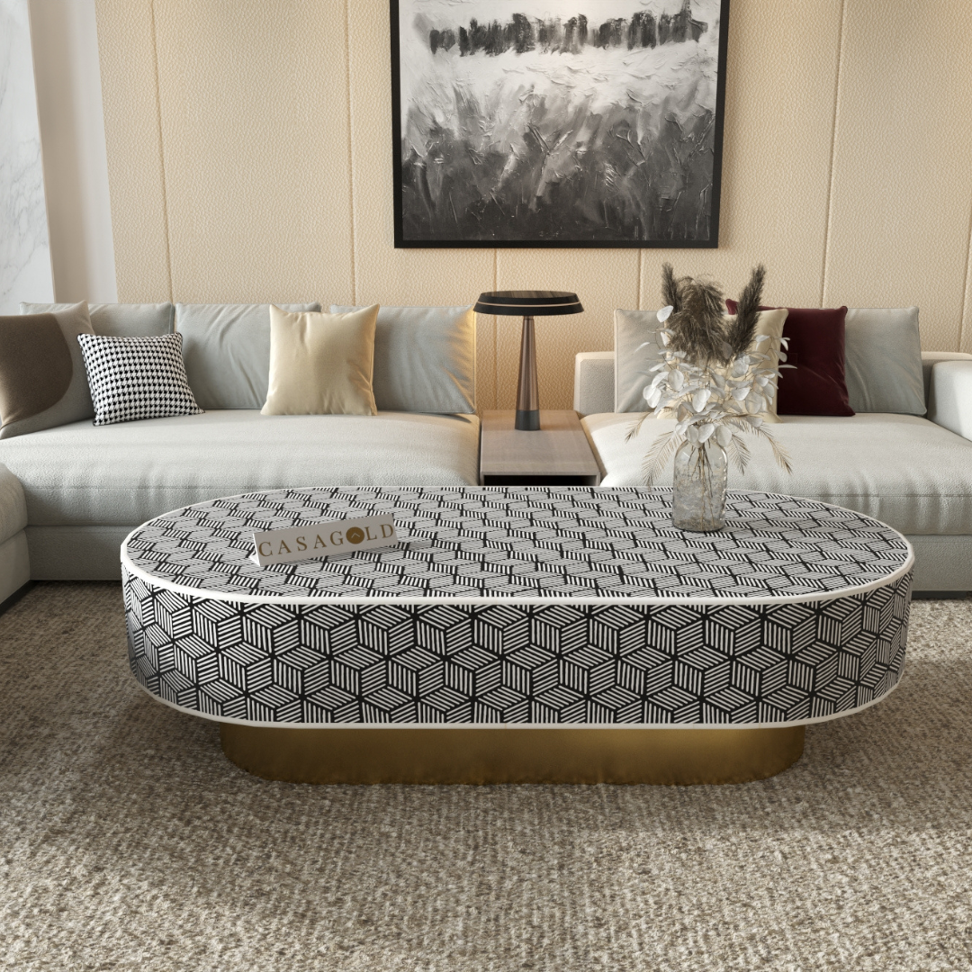 "Monochrome bone inlay oval coffee table for sophisticated homes"
