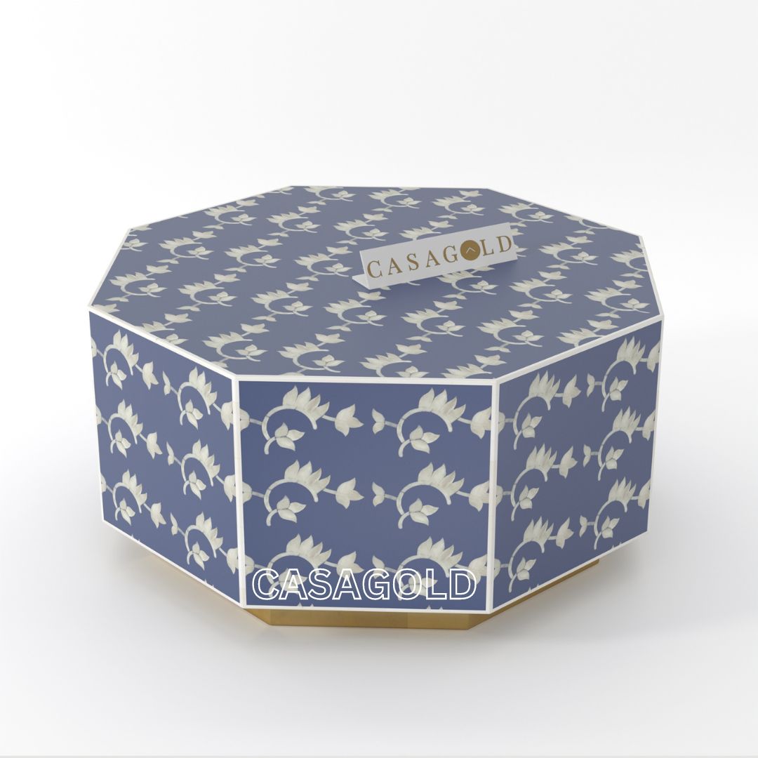 "Monochrome hexagon coffee table with intricate bone inlay patterns"
