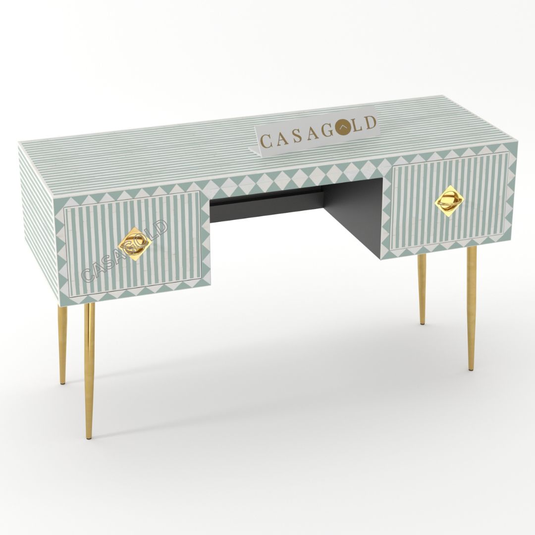 "Monochrome inlay study desk with open shelves for modern and functional design"
