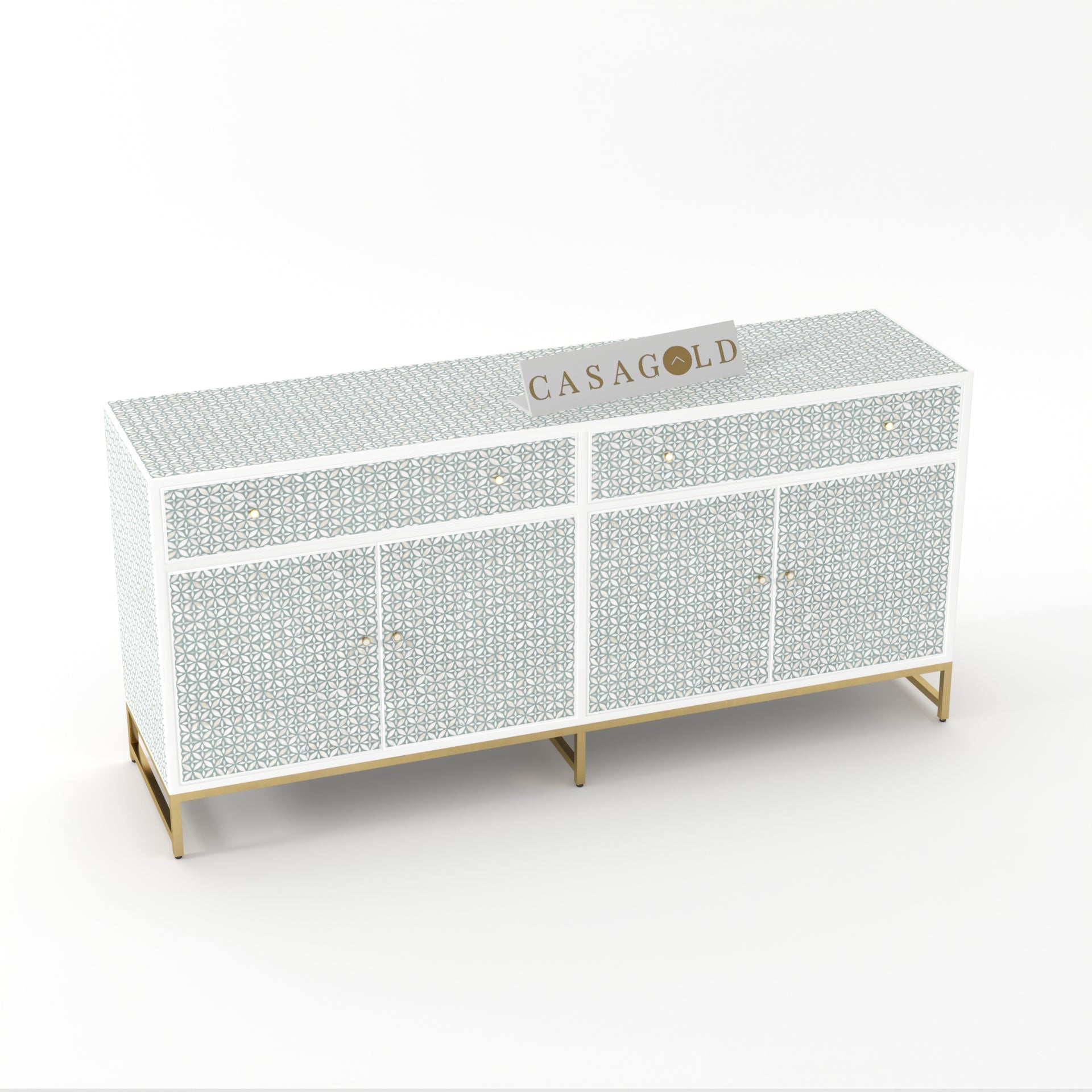 Monochrome stripe-pattern inlay sideboard for contemporary spaces.
