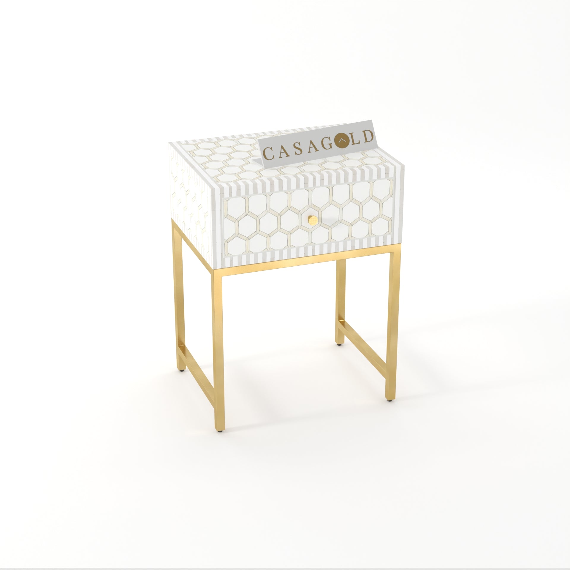 Mother of Pearl Round Inlay Bedside Table with Gold Legs	