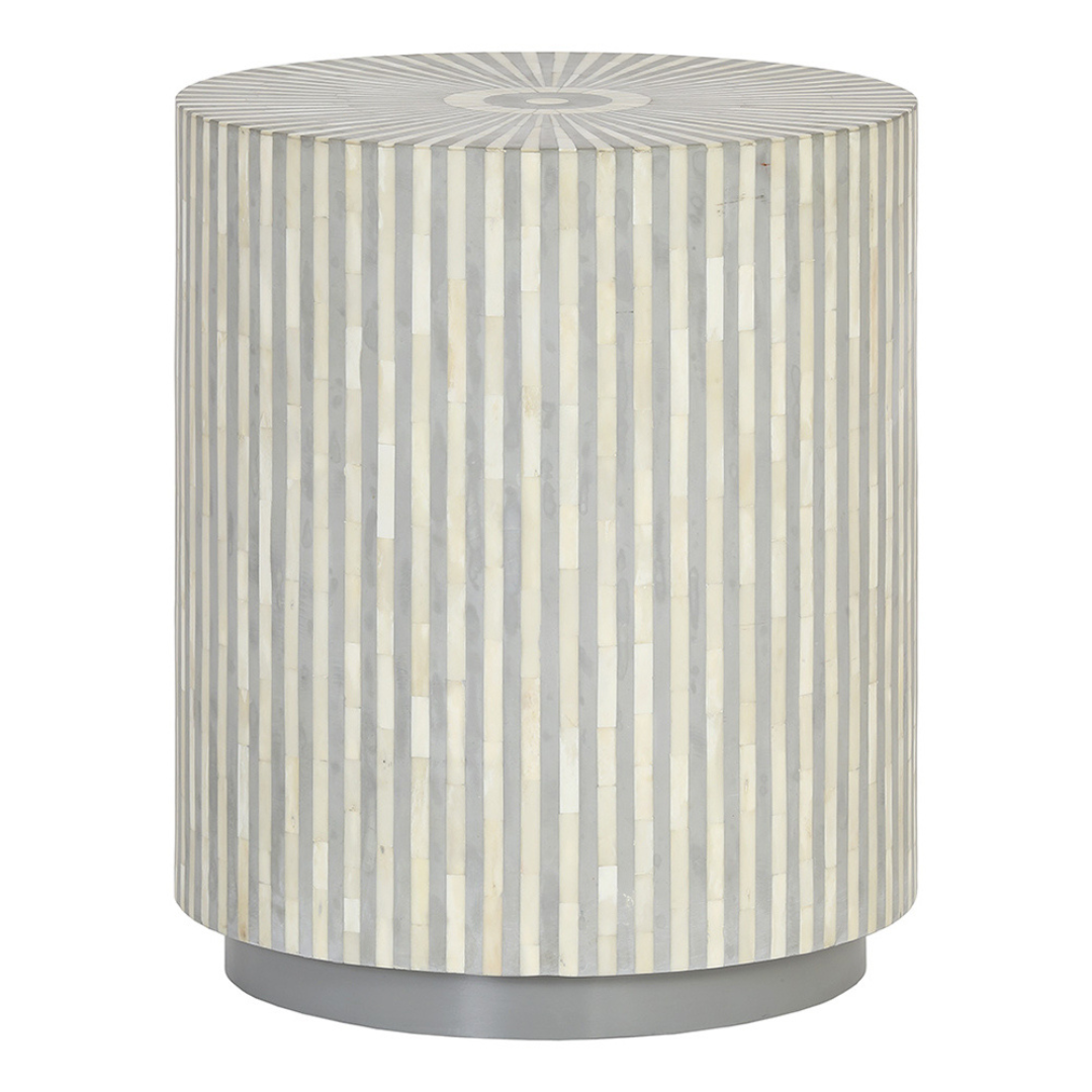 "Mother of pearl drum-shaped side table with detailed inlay work"
