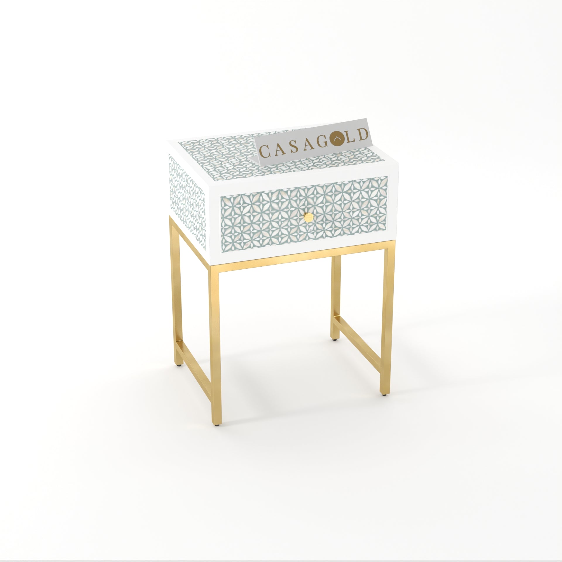 "Multicolor inlay bedside table supported by decorative gold legs"
