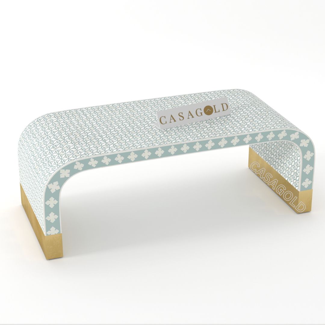 "Multicolor rectangular coffee table with vibrant bone inlay patterns"
