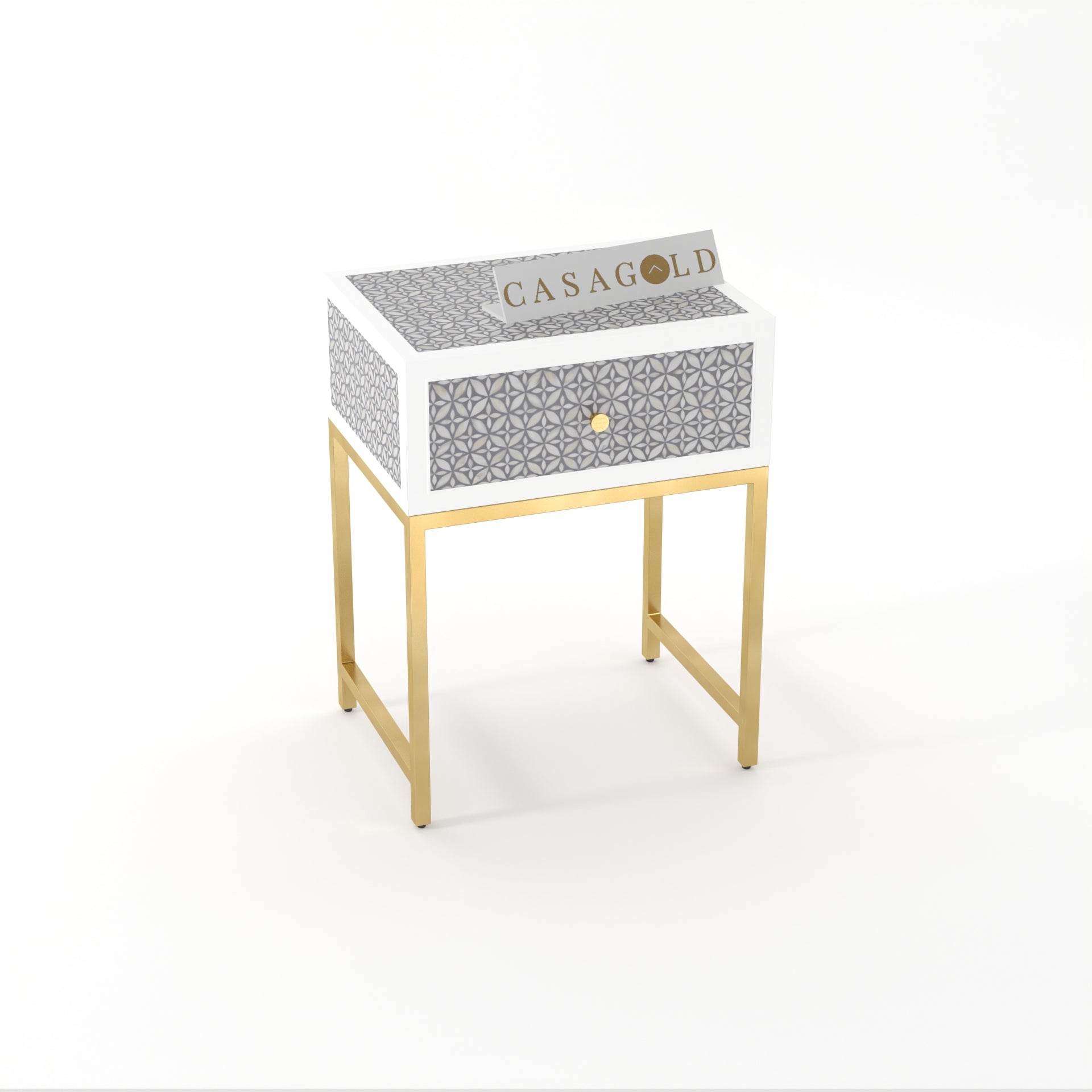 Neutral Shade Bone Inlay Bedside Table with Gold Legs	