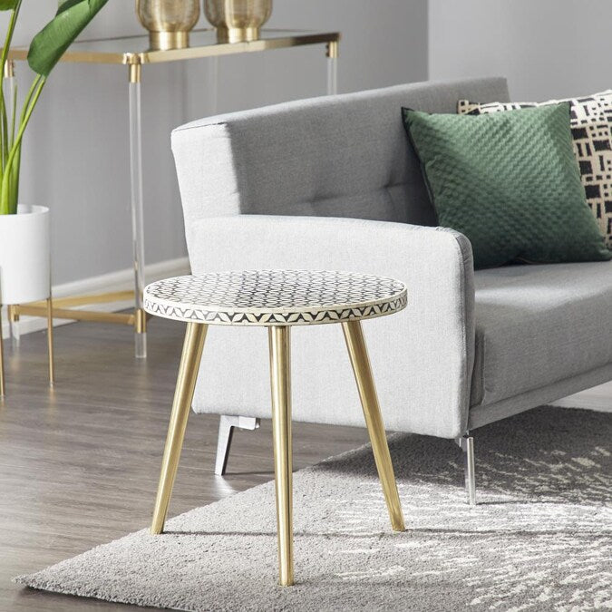 Inlay Round Side Table with Three Gold Legs- Geometric Floral