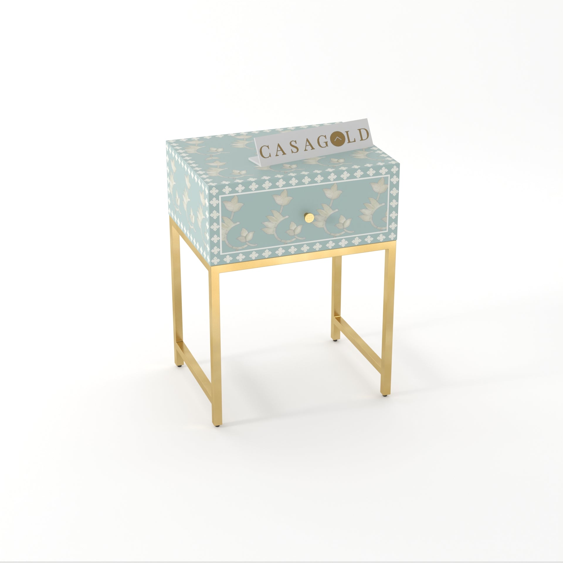 Neutral Tone Round Inlay Table with Gold Legs	