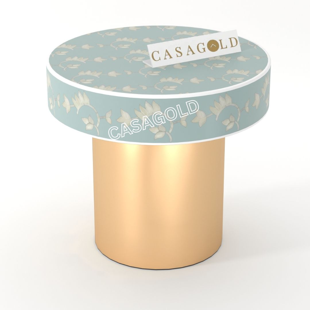"Neutral round bone inlay bedside table with subtle elegance and versatile design"
