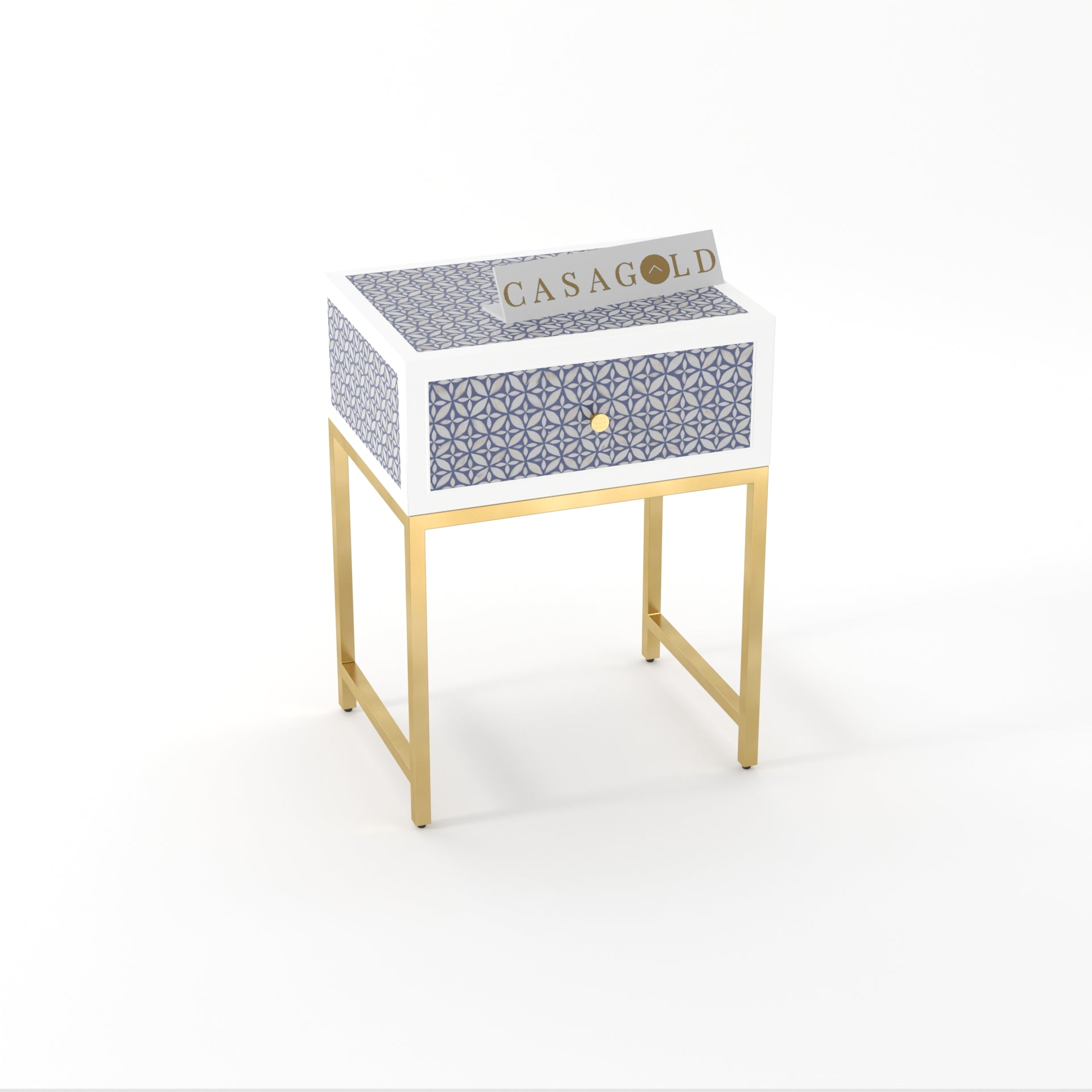 "Neutral shade bone inlay bedside table with a strong gold frame for balance"
