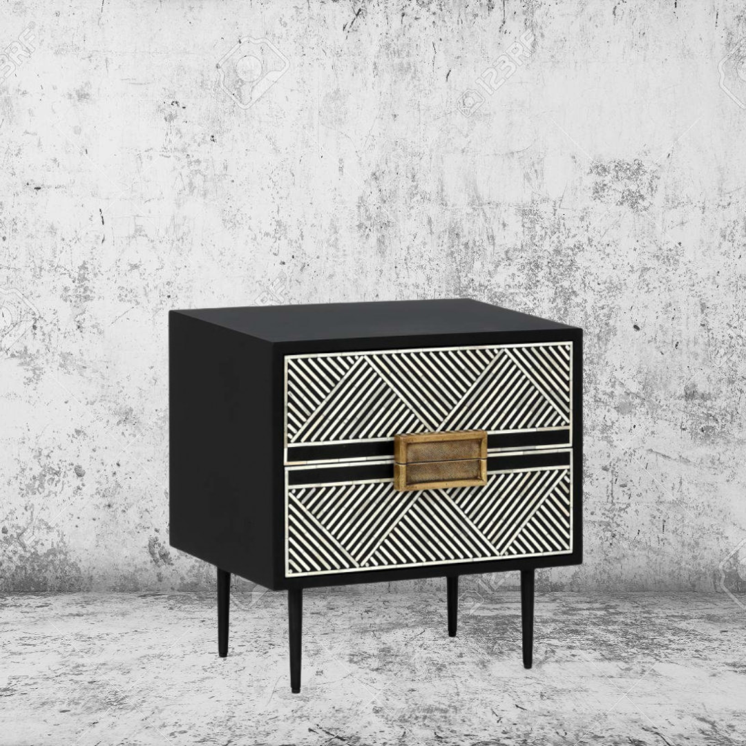 "Neutral tone rectangular inlay bedside table with luxurious gold legs for versatile use"
