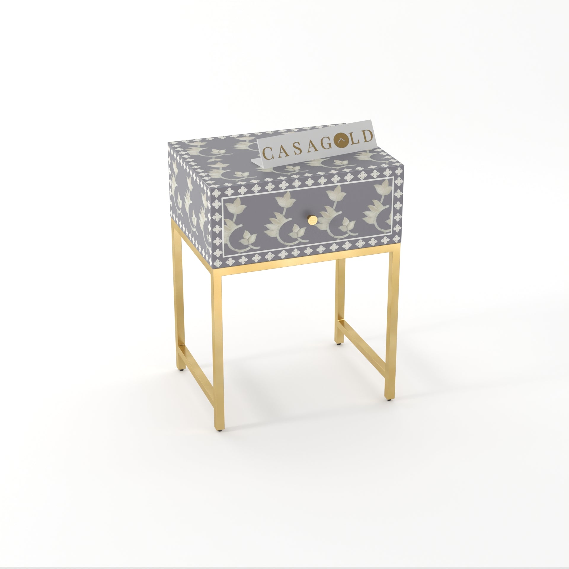 "Neutral tone round inlay bedside table with luxurious gold legs for versatile use"
