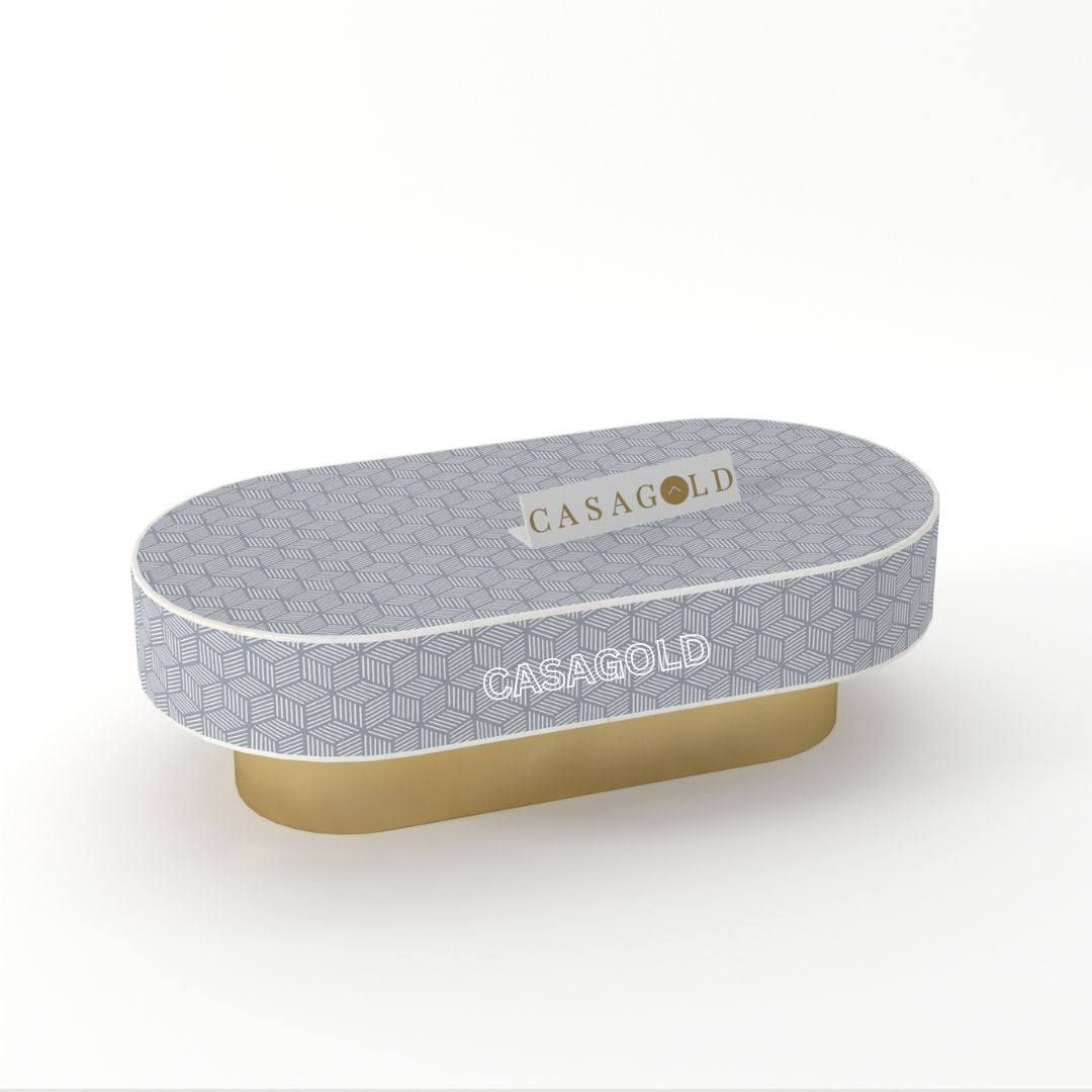 "Oblong bone inlay table with dotted pattern design"
