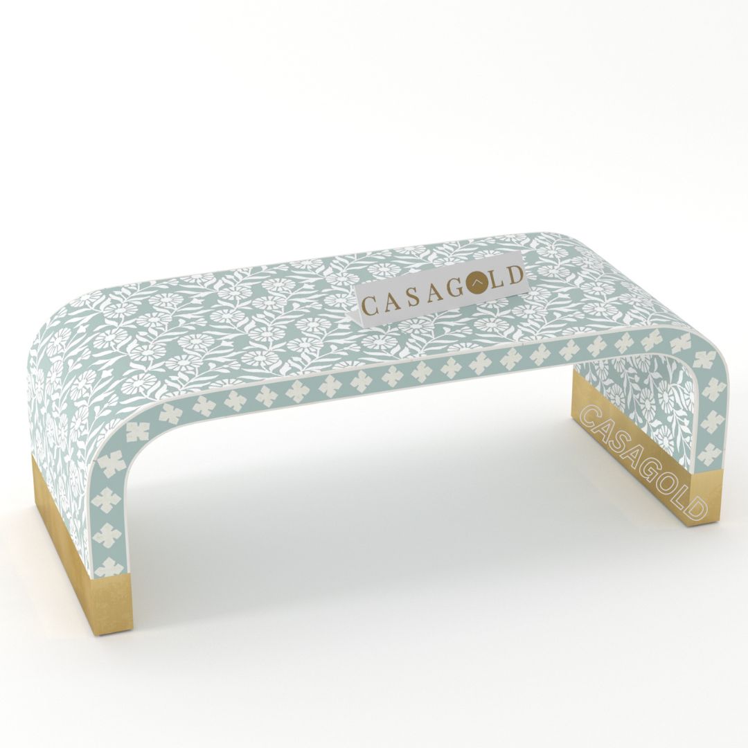 "Ornate rectangular coffee table featuring elaborate bone inlay designs"
