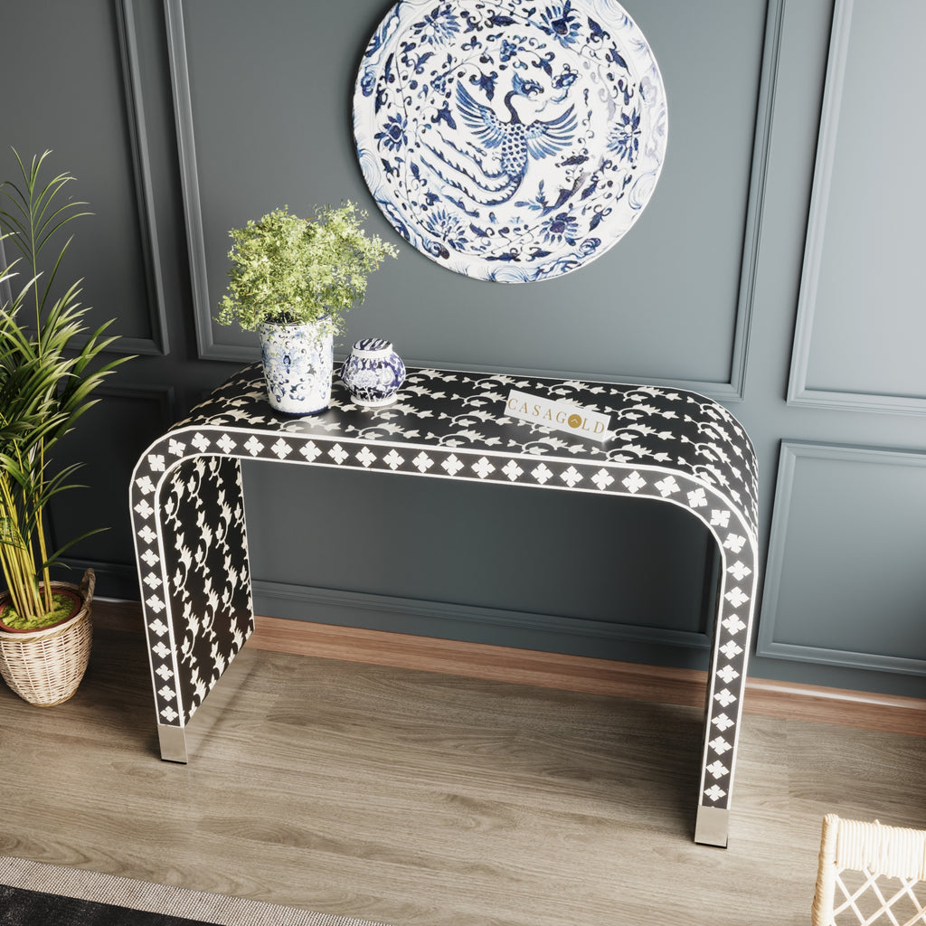 Bone Inlay Overlay Floral Console Table