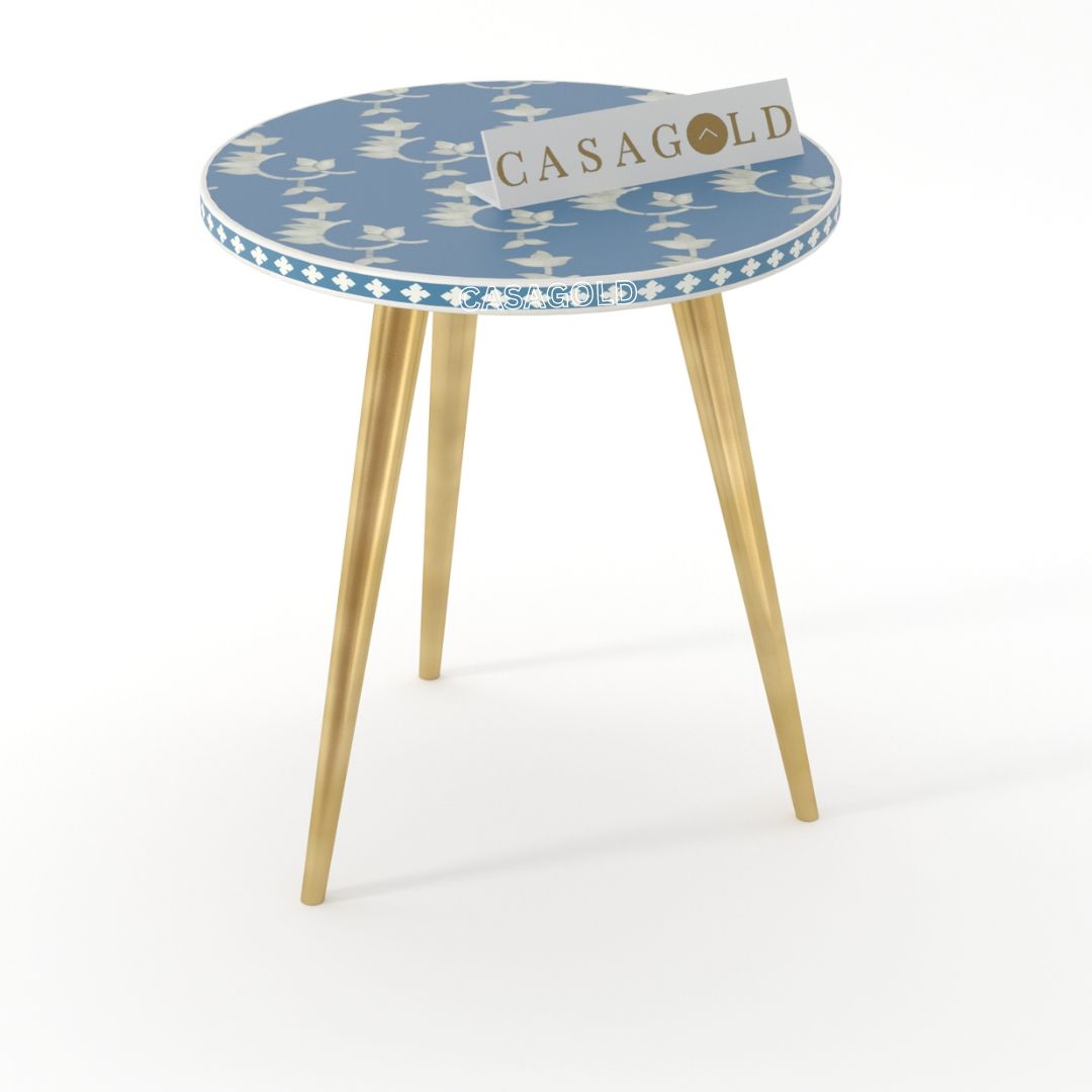 "Overlay -patterned bone inlay round side table supported by three legs"