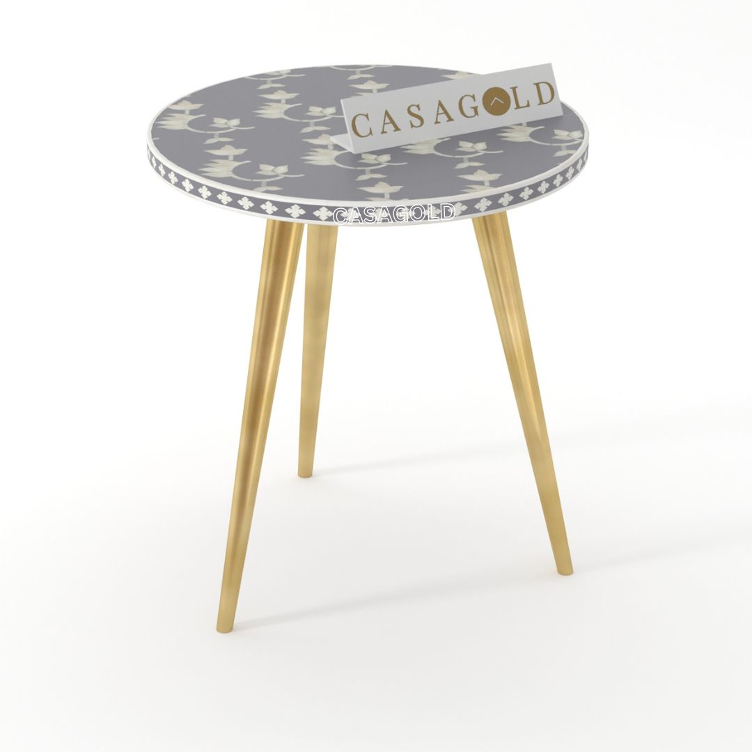 "Overlay -patterned round inlay side table with three legs for modern interiors"