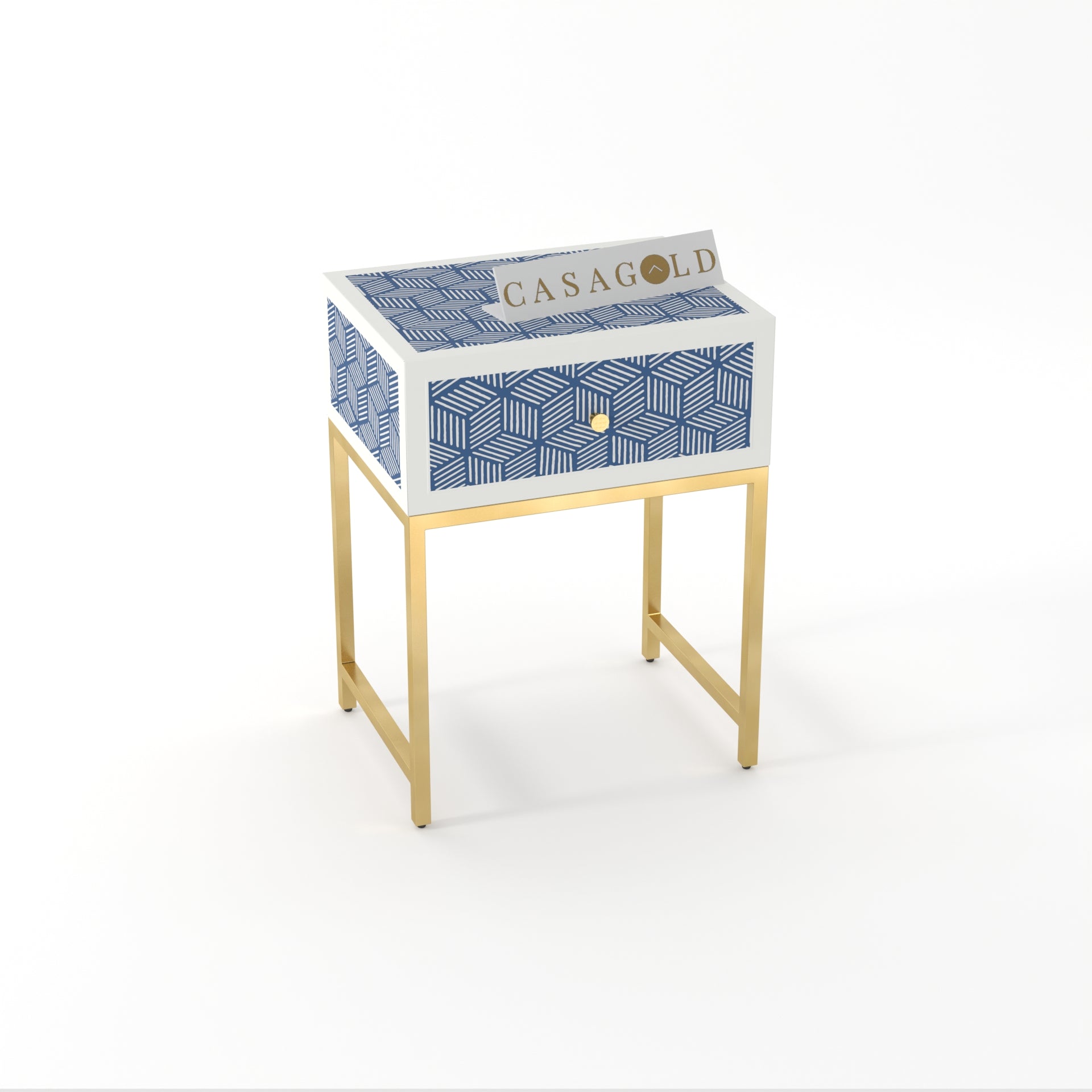 Rectangular Bone Inlay Bedside Table with Gold Legs	