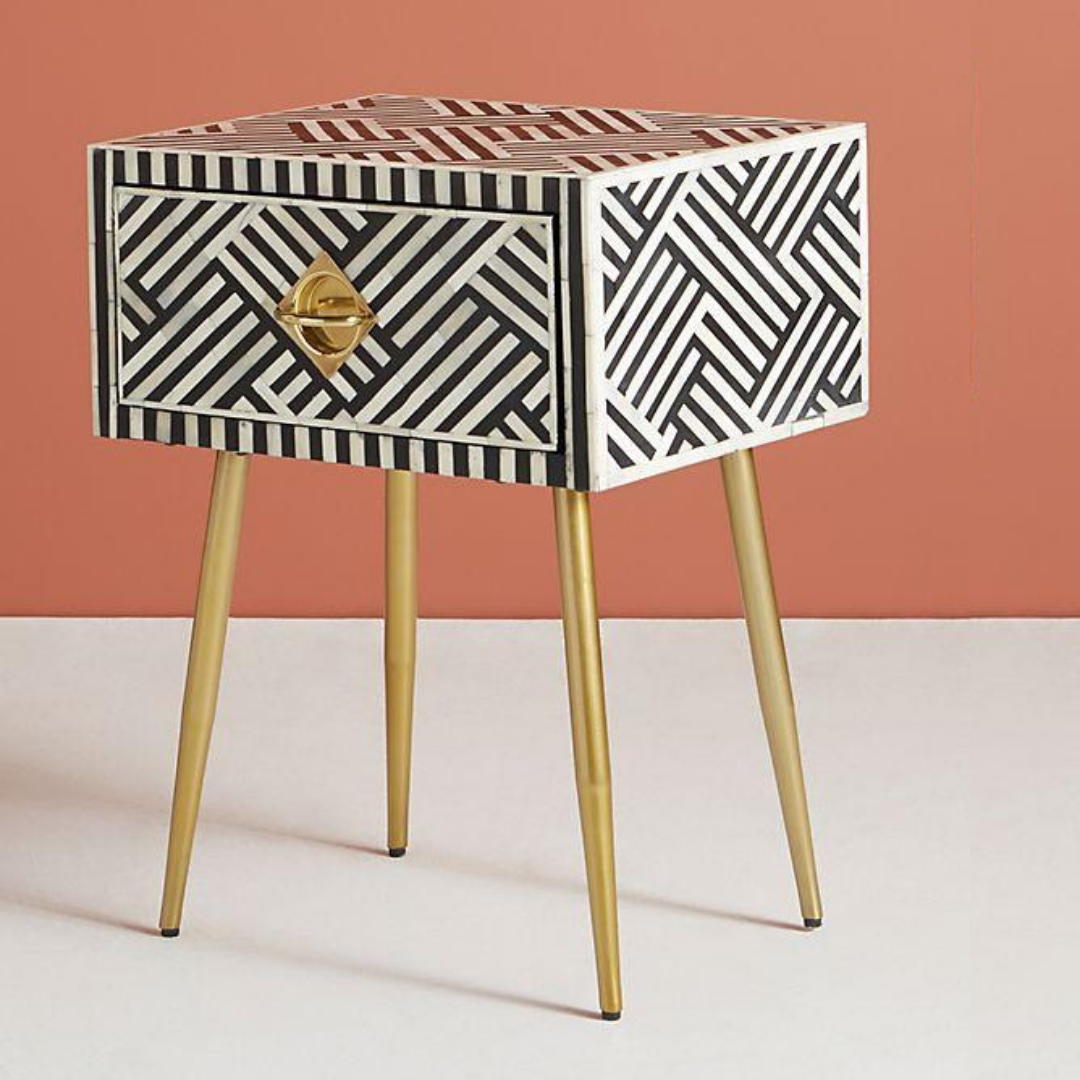 Rectangular Bone Inlay Bedside Table with Gold Legs	