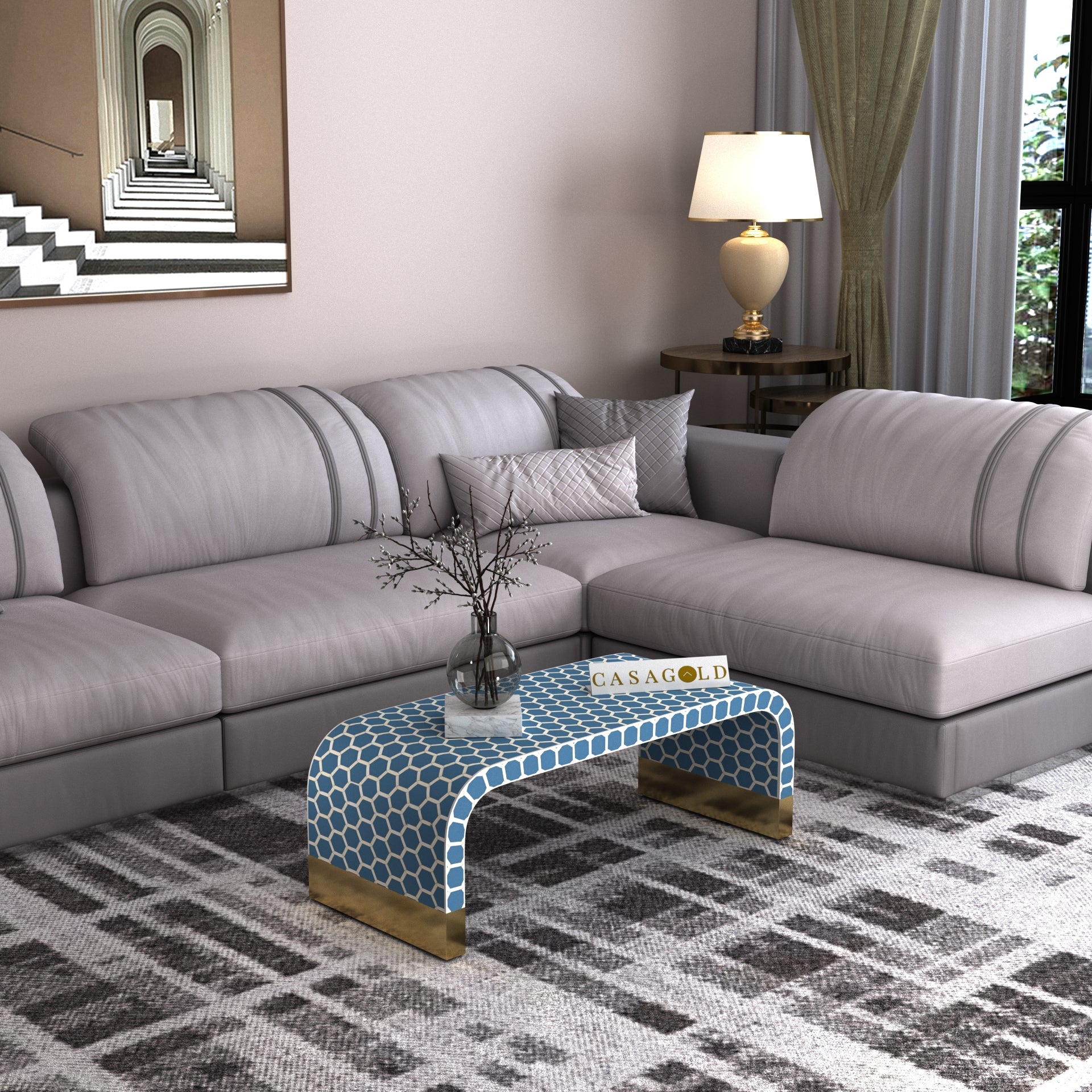 Rectangular Bone Inlay Coffee Table with HoneyComb Art	