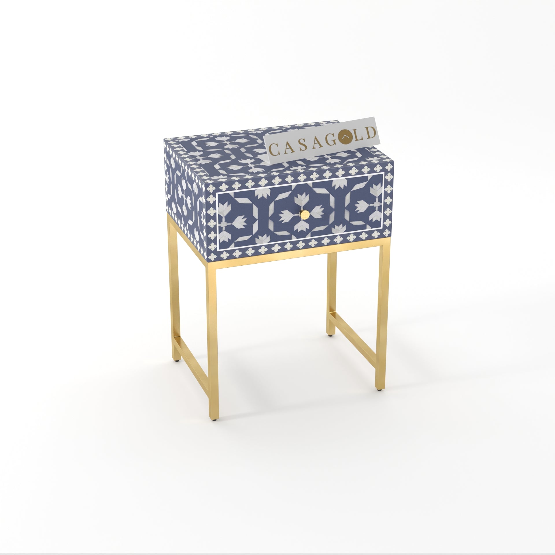 Rectangular bone inlay bedside table with durable gold legs"
