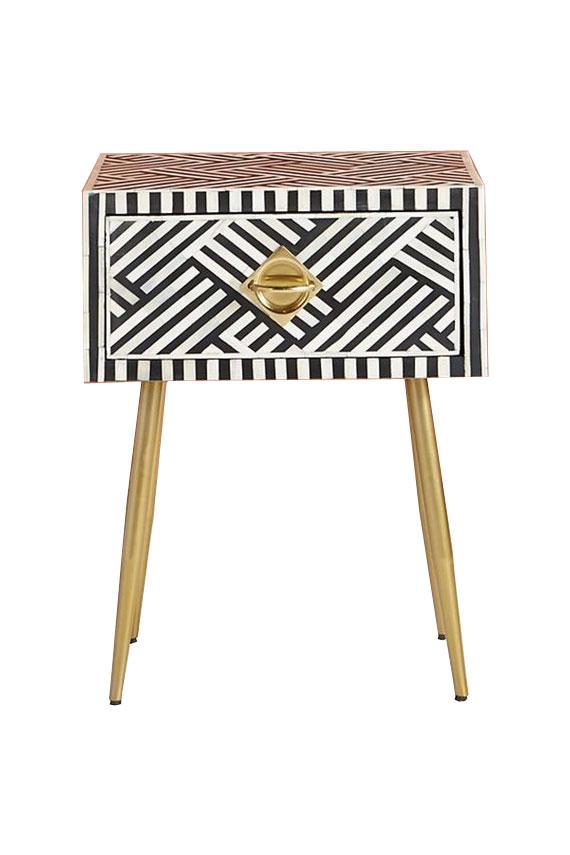 "Rectangular bone inlay bedside table with elegant gold legs for modern interiors"
