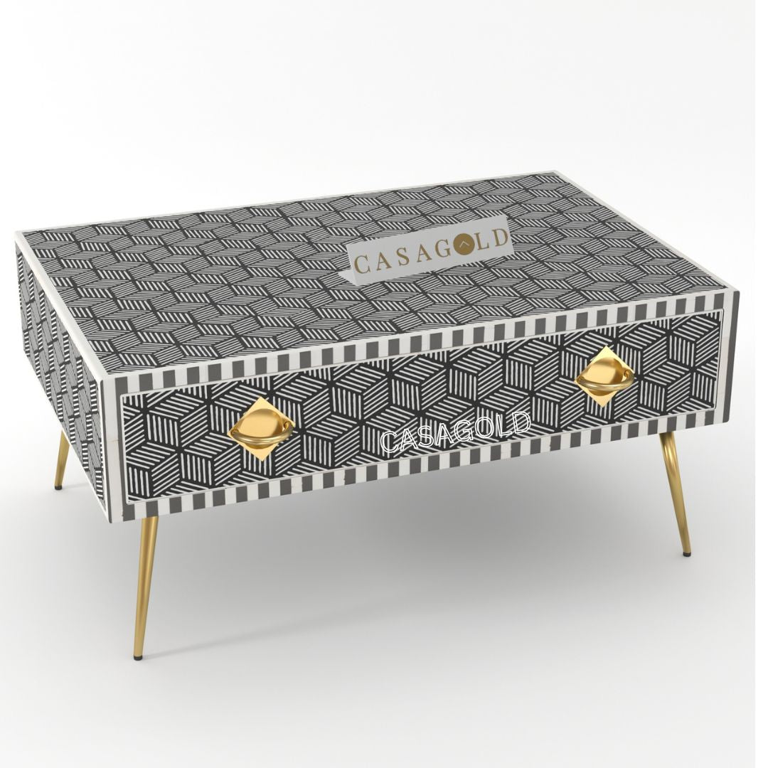 "Rectangular coffee table featuring Geo bone inlay patterns"