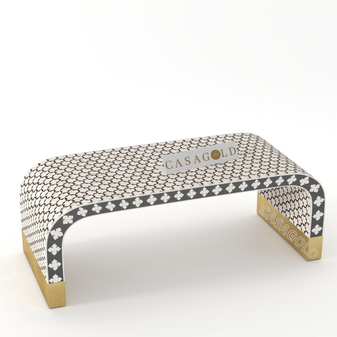 "Rectangular coffee table featuring chevron bone inlay in black finish"

