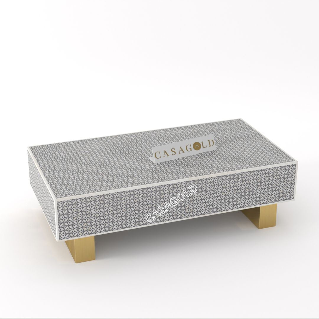 "Rectangular coffee table featuring floral bone inlay patterns"
