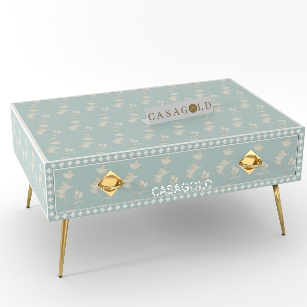 "Rectangular coffee table with abstract bone inlay artwork"
