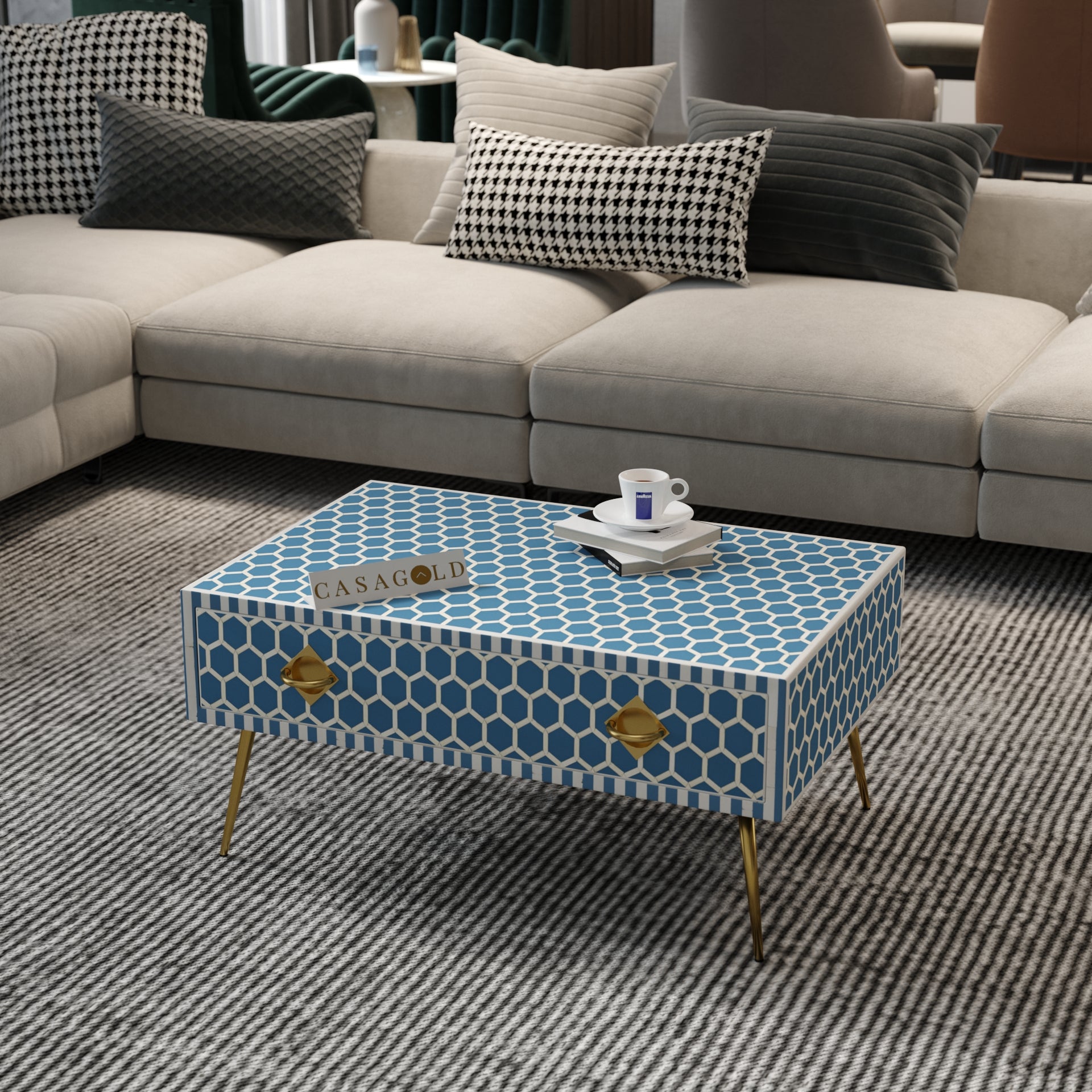 "Rectangular coffee table with abstract bone inlay artwork honey comb