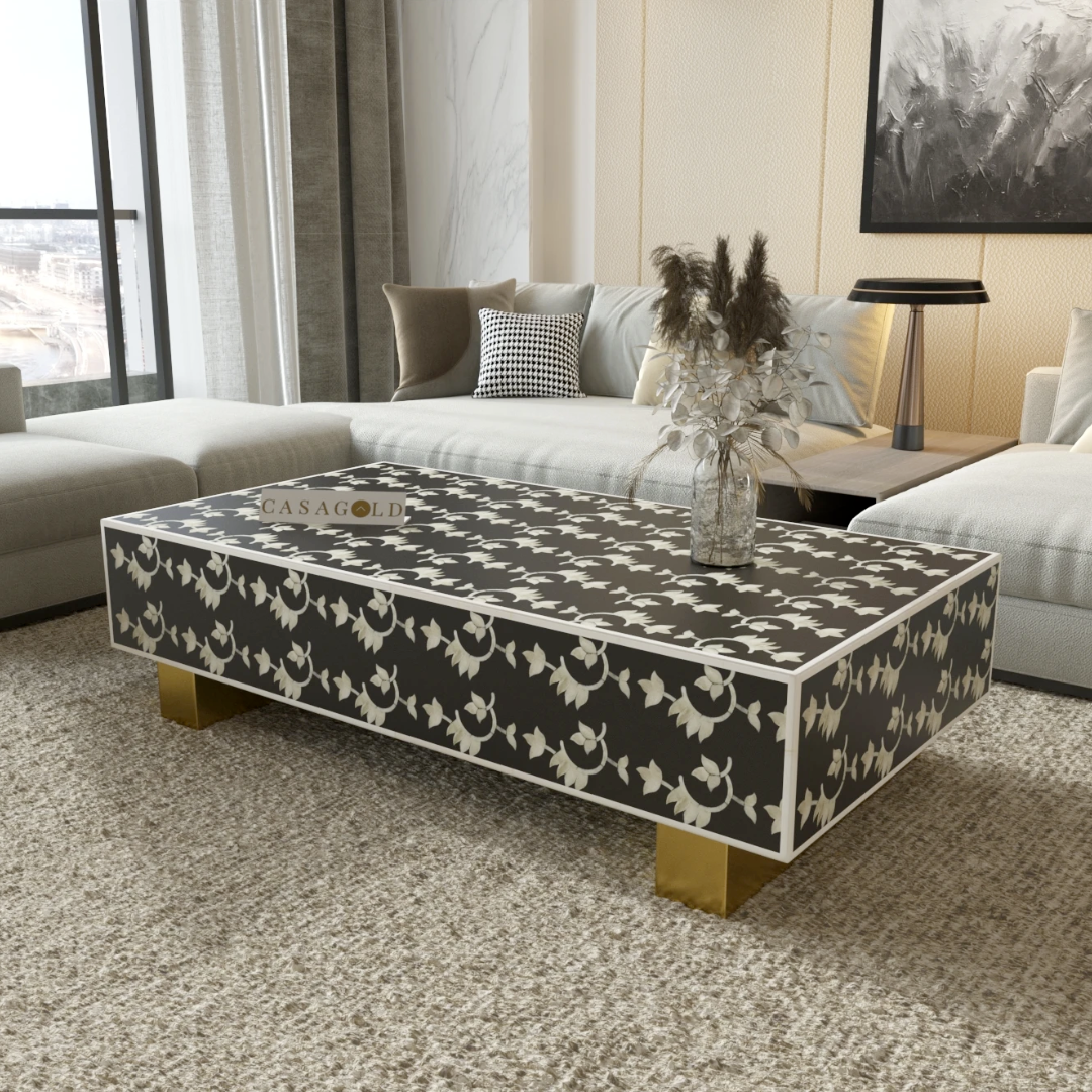 "Rectangular coffee table with artistic bone inlay craftsmanship"
