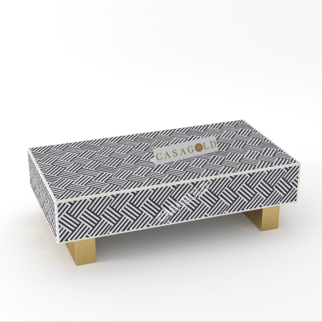 "Rectangular coffee table with intricate Chevron bone inlay design"
