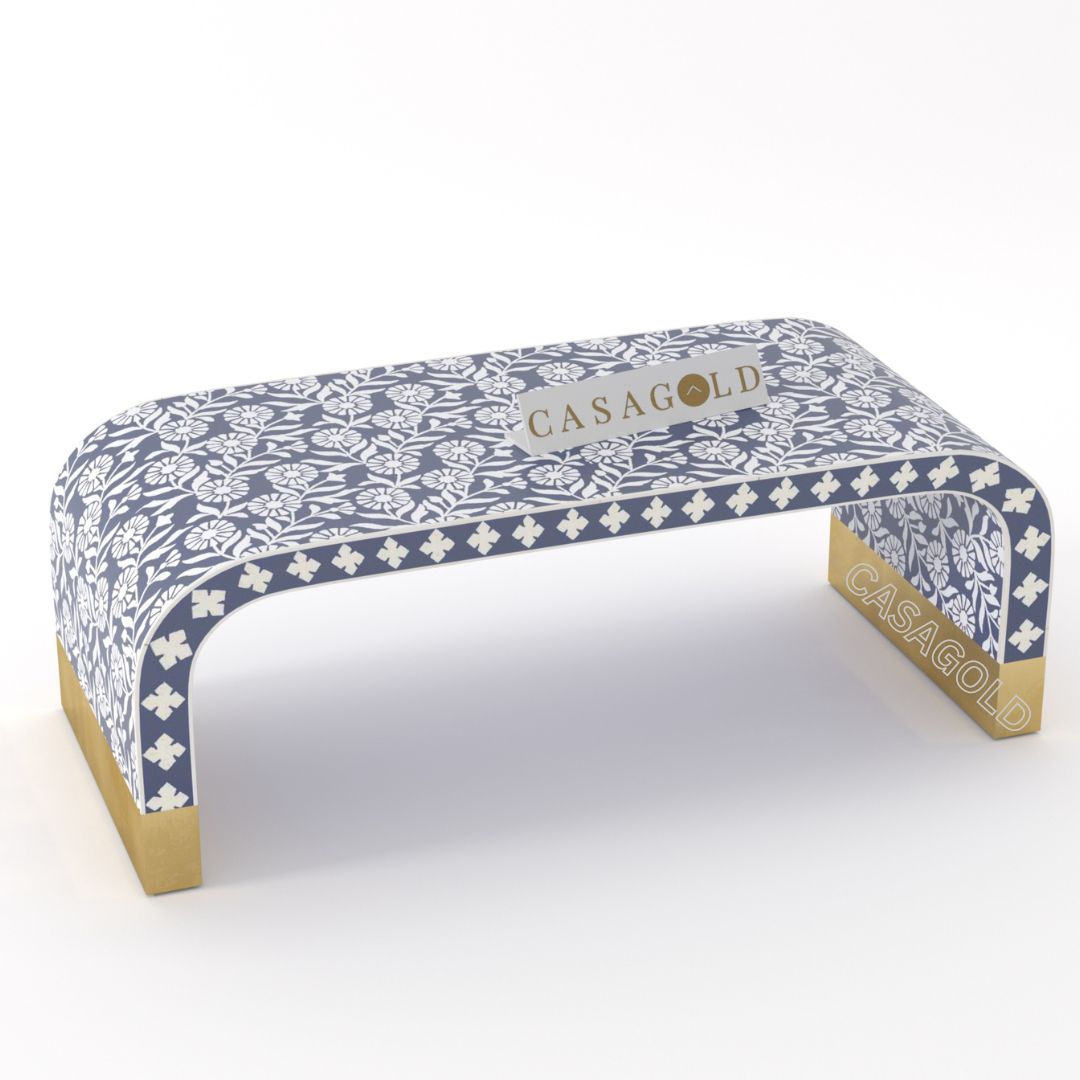 "Rectangular coffee table with intricate handcrafted bone inlay"
