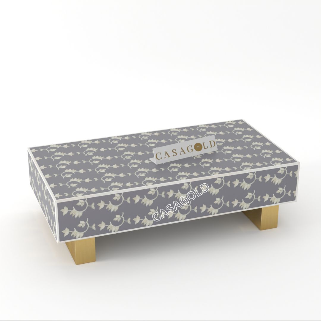 "Rectangular coffee table with neutral tone bone inlay design"
