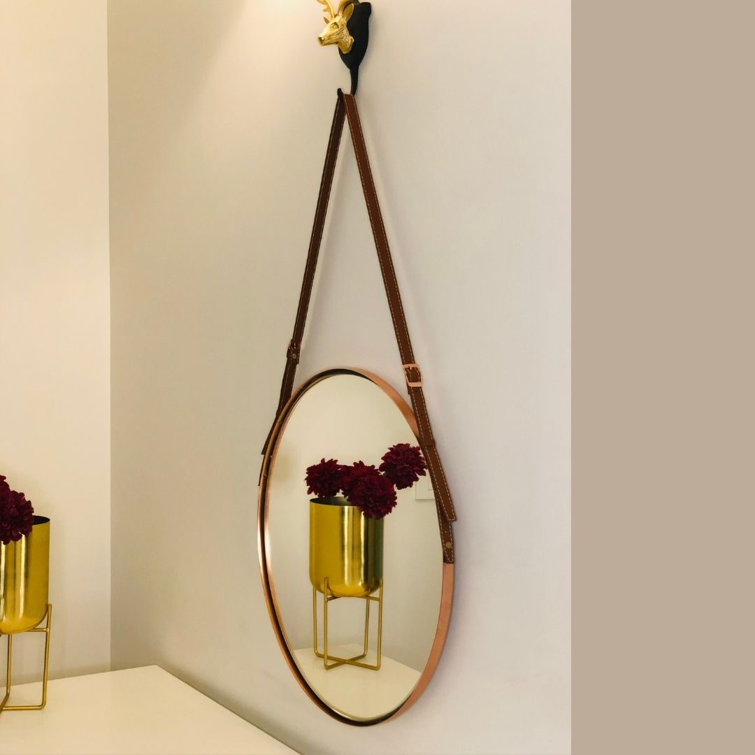 RoseGold Round glass mirror with leather strap for industrial decor