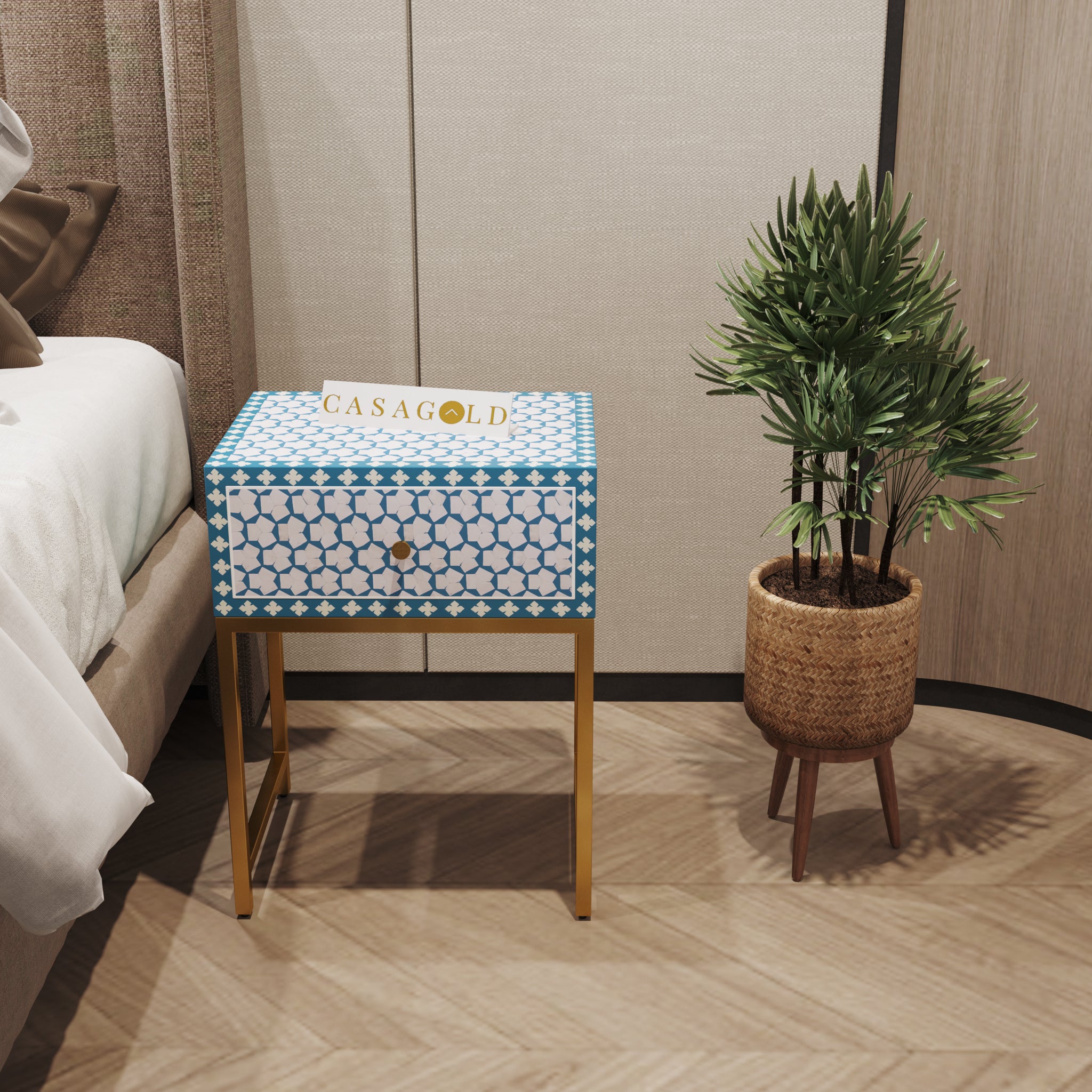 Round Bone Inlay Bedside Table with Gold Legs	