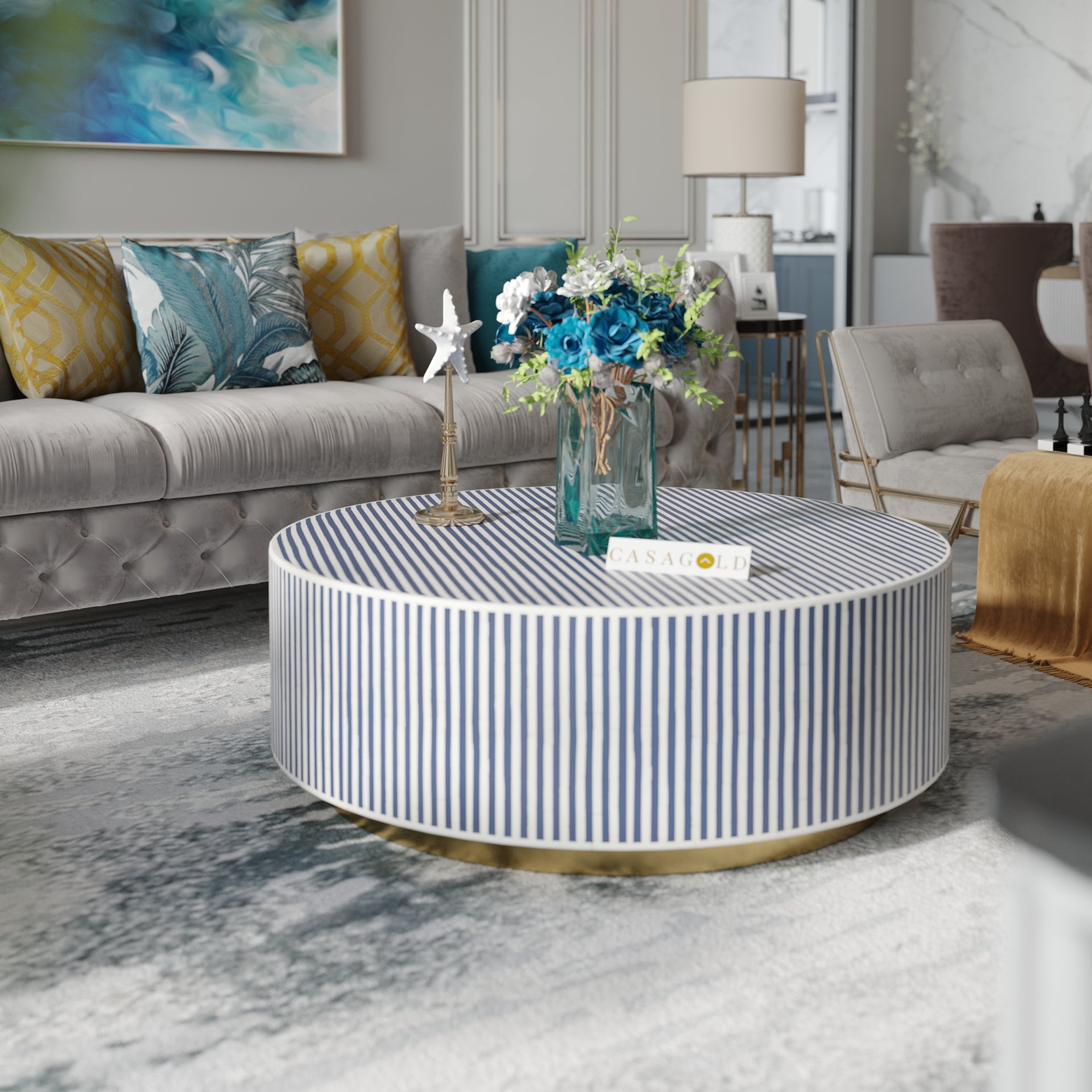 Round Coffee Table with Detailed Inlay Design
