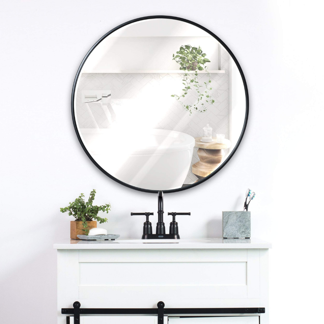 Round black glass mirror with metal frame decor